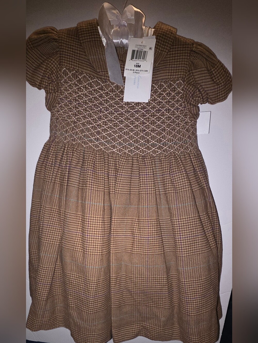 Ralph Lauren Classic Brown Plaid Smocked Front Girls Dress Size 18 Months
